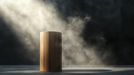Cylindrical wooden display stand on a dark abstract wall, with a spotlight and rising smoke creating a moody scene.の素材