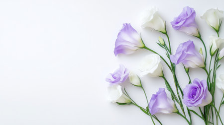 Delicate arrangement of white and purple eustoma flowers on a white background, emphasizing their soft and elegant nature.の素材