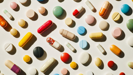 Diverse mix of pills, in various shapes and colors, cascading onto a light grey backdrop, creating a vivid display.の素材