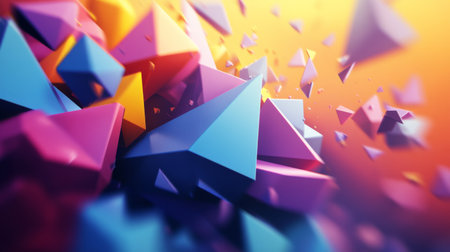 Dynamic 3D rendering of energetic polygonal shapes in motion with vibrant colors.の素材