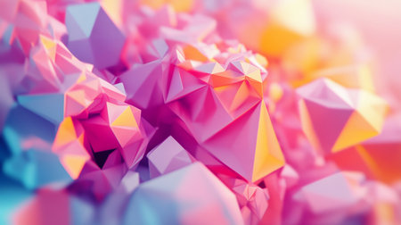 Dynamic 3D rendering with colorful, rotating polygonal shapes and an energetic feel.の素材