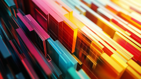 Dynamic abstract 3D financial graph with intersecting lines and bars in vibrant colors.の素材