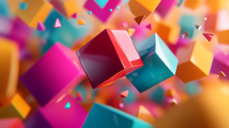 Dynamic 3D rendering of energetic polygonal shapes in motion with vibrant colors.の素材