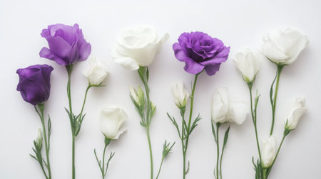 Elegant composition of white and purple eustoma flowers on a white background, arranged to emphasize their grace.の素材