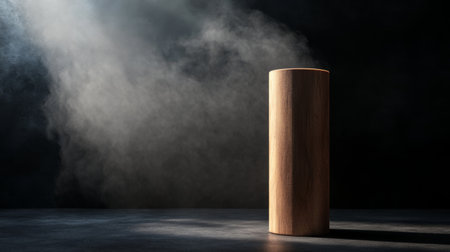 Elegant wooden cylinder display stand, dark abstract backdrop, with a spotlight and rising smoke for dramatic contrast.の素材