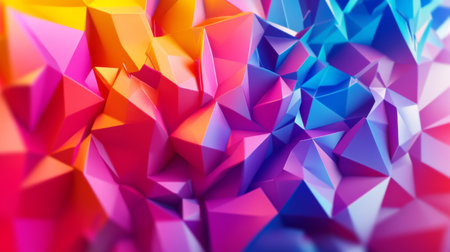 Energetic 3D design with moving polygonal shapes in vibrant colors, creating a lively dynamic feel.の素材