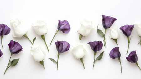Elegant row of white and purple eustoma flowers on a white background, with petals artistically intertwined.の素材