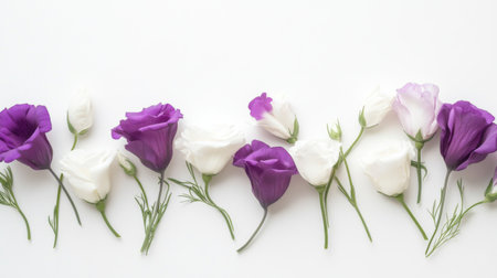 Elegant row of white and purple eustoma flowers on a white background, with petals artistically intertwined.の素材