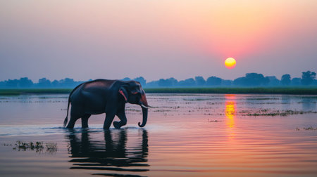 Elephant walking through an Indian lake at dusk, the tranquil water reflecting the colors of the setting sun.の素材