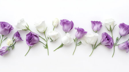 Elegant row of white and purple eustoma flowers on a white background, with petals artistically intertwined.の素材