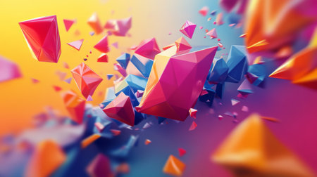 Energetic 3D design featuring vibrant polygonal shapes moving in a dynamic pattern.の素材