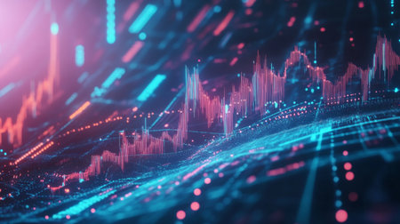 Futuristic 3D financial graph with abstract elements and vibrant data representation.の素材