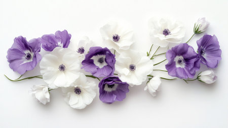 Elegant cluster of white and purple eustoma flowers on a white background, arranged in a harmonious pattern.の素材