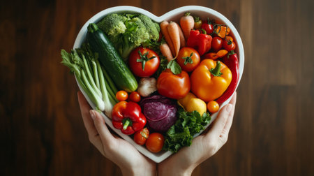 Fresh veggies arranged in a heart-shaped dish held by a nutritionist's hand.の素材