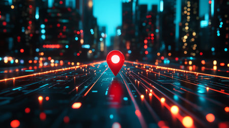 Futuristic cityscape with a red map pin on an advanced, glowing roadway.の素材