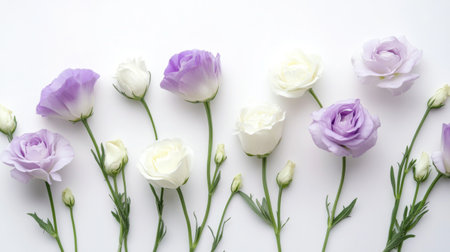 Elegant arrangement of white and purple eustoma flowers delicately placed on a white background, showcasing their beauty.の素材