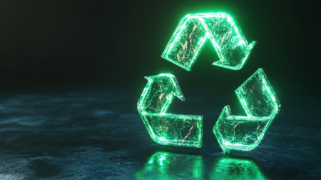 Glowing 3D recycling symbol with green elements, illustrating the importance of recycling.の素材