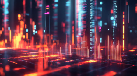 Futuristic 3D financial graph with abstract shapes and glowing data indicators.の素材