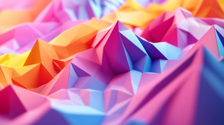 Energetic 3D design featuring vibrant polygonal shapes moving in a dynamic pattern.の素材