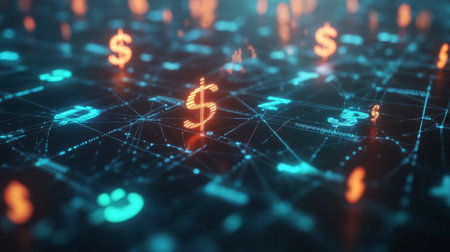 Glowing 3D financial network with interconnected dollar, euro, and yen symbols in a digital space.の素材
