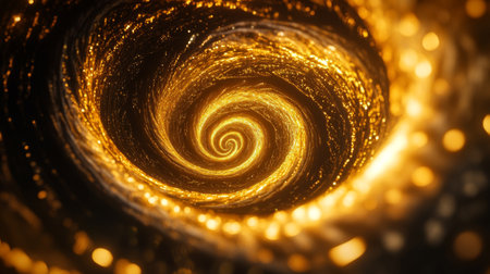 Glowing 3D golden vortex with intricate, shimmering spirals, symbolizing luxurious movement.の素材