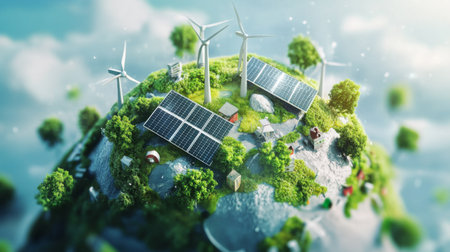 Futuristic 3D globe with solar panels and wind turbines, highlighting sustainable power.の素材