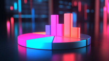 Glowing 3D financial pie chart with brightly illuminated segments against a dark background.の素材