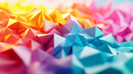 Energetic 3D design with moving polygonal shapes in vibrant colors, creating a lively dynamic feel.の素材
