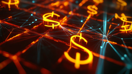 Glowing 3D financial network with dollar, euro, and pound symbols interconnected in a digital web.の素材