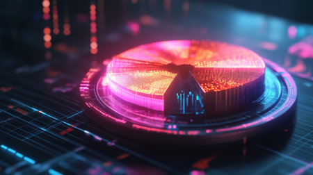 Glowing 3D pie chart segments in a financial illustration with a radiant, high-tech look.の素材