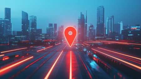 Futuristic urban environment with a red map pin on an augmented reality roadway.の素材