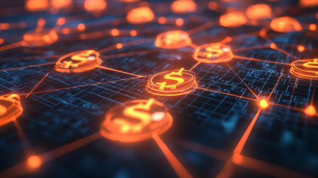 Glowing 3D financial network with interconnected dollar and euro symbols, creating a vibrant web.の素材