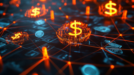Glowing 3D financial network with dollar, euro, and pound symbols interconnected in a digital web.の素材