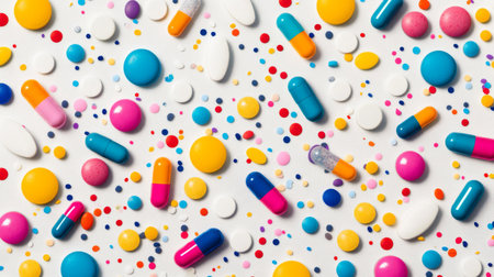 A vibrant mix of pills, in various colors, cascading onto a light grey backdrop, forming a vivid and dynamic pattern.の素材