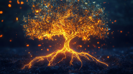 Abstract 3D tree with bright, glowing leaves and roots, representing vitality and nature.の素材