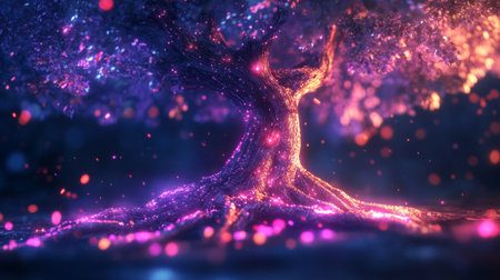 Abstract 3D tree with glowing leaves and roots, creating a magical and enchanting lookの素材