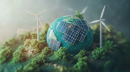 Abstract 3D globe with solar panels and wind turbines, representing eco-friendly power.の素材
