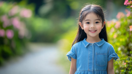 Cheerful Asian girl in a denim dress, walking along a path, looking happy and carefree.の素材