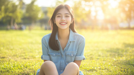 Cheerful Asian girl in a denim dress, sitting on the grass, enjoying a sunny day with a smile.の素材