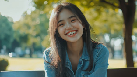 Cheerful Asian girl in a denim dress, sitting on a bench with a big smile on her face.の素材