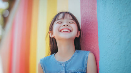 Cheerful Asian girl in a denim dress, standing in front of a colorful wall, beaming with joy.の素材