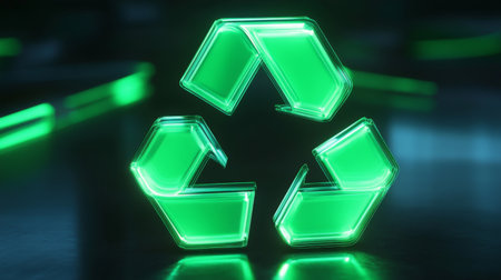 Bright 3D recycling symbol with luminous green arrows, promoting eco-friendly actions.の素材