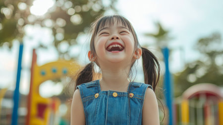 Cheerful Asian girl in a denim dress, laughing and having fun in a playground.の素材