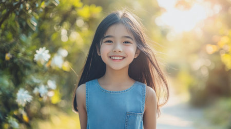 Cheerful Asian girl in a denim dress, walking along a path, looking happy and carefree.の素材