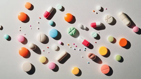 Assorted colorful pills tumbling down onto a light grey backdrop, forming a lively and eye-catching composition.の素材