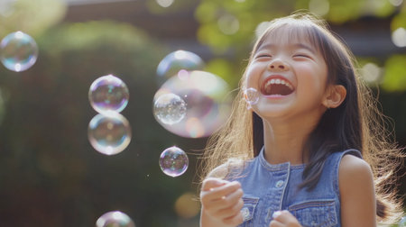 Cheerful Asian girl in a denim dress, blowing bubbles and laughing with delightの素材
