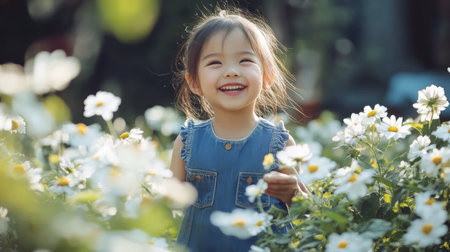 Cheerful Asian girl in a denim dress, playing with flowers in a garden, radiating happiness.の素材
