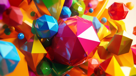 Energetic 3D design with colorful, rotating polygonal shapes in a lively dynamic setting.の素材