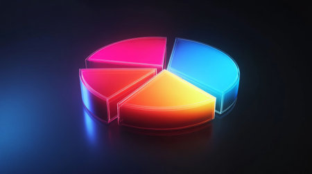 Glowing 3D financial pie chart with brightly illuminated segments against a dark background.の素材