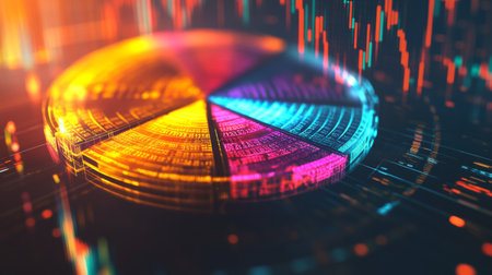 Glowing segments in a radiant 3D financial pie chart, emphasizing data analysis.の素材